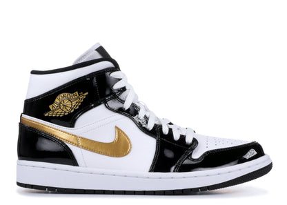 Air Jordan 1 Mid Patent Black White Gold