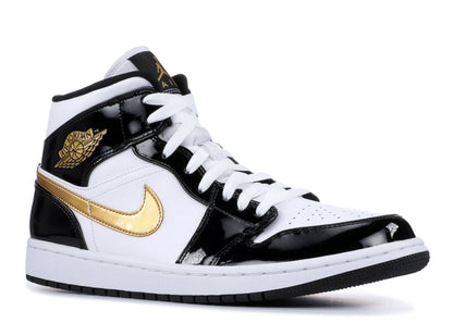 Air Jordan 1 Mid Patent Black White Gold